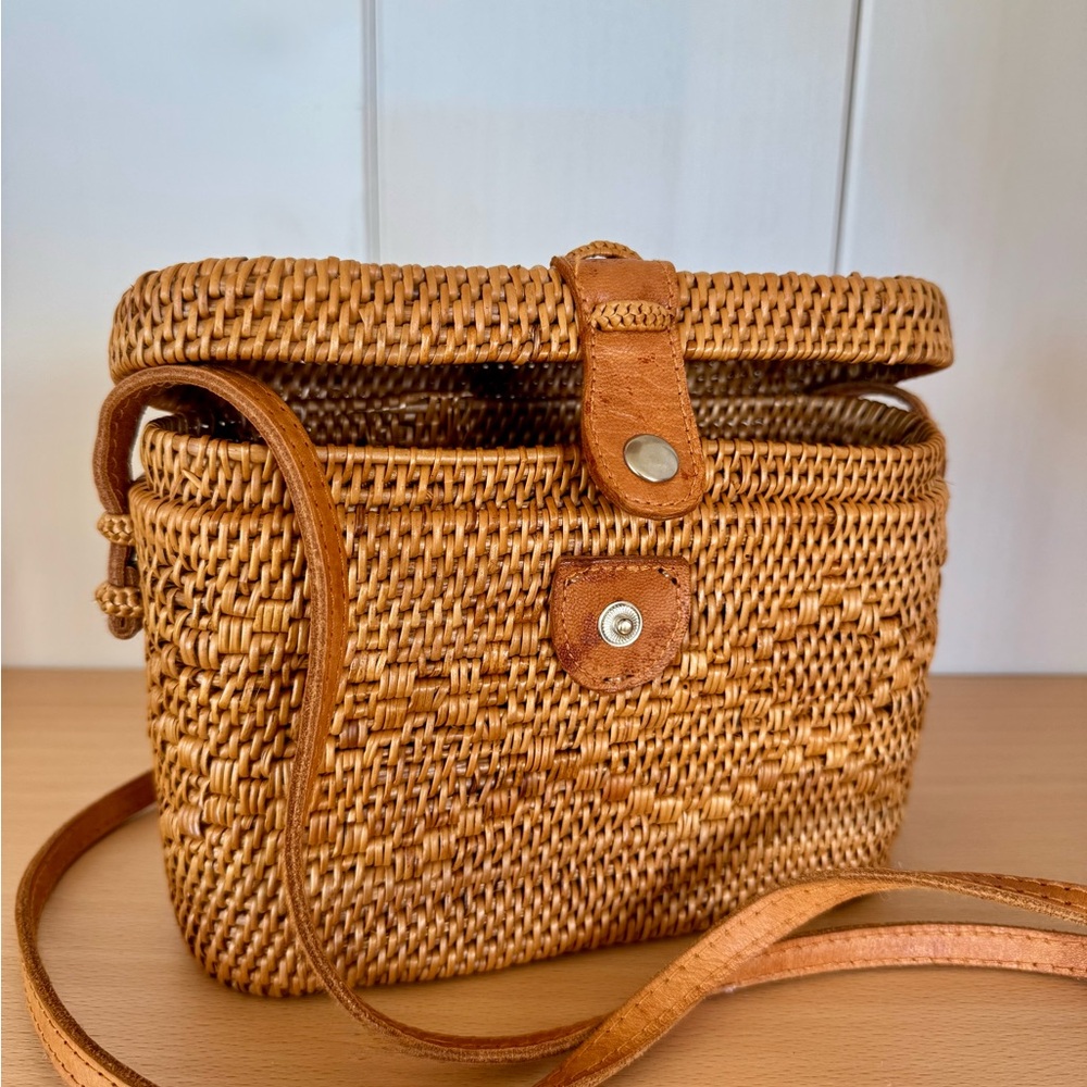 Handwoven Tan Rattan Crossbody Bag